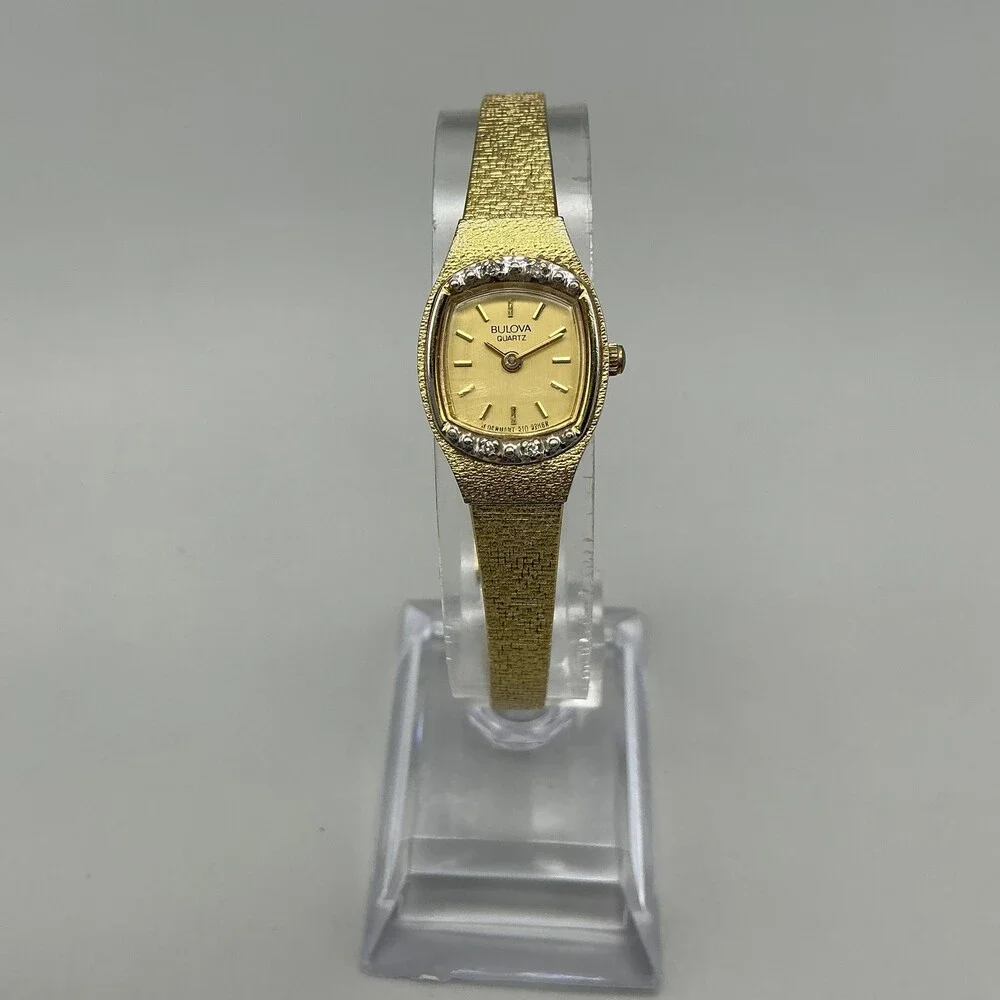 Vtg Bulova Womens Watch 17mm Gold Tone Diamond Bracelet New Battery 6.5